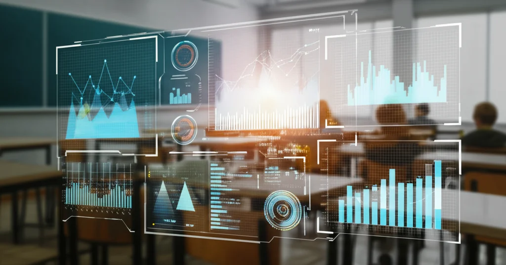 Immagine concettuale di un'intelligenza artificiale che osserva un'aula scolastica, sovrapponendo analisi digitali sui comportamenti degli studenti (come riquadri di rilevamento e grafici di attenzione). Obiettivo prime 35mm, stile futuristico ma realistico, profondità di campo che mette a fuoco sia l'aula che l'interfaccia AI.