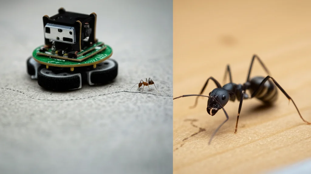Immagine fotorealistica di un piccolo robot mobile (simile a TurtleBot3) che naviga in un ambiente interno complesso, sovrapposto a un'immagine macro ad alto dettaglio di una formica che segue una traccia visiva. Obiettivo prime 35mm, profondità di campo accentuata per il robot, obiettivo macro 90mm per la formica, illuminazione controllata.