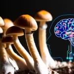 Immagine macrofotografica di funghi Psilocybe cubensis che crescono su un substrato naturale, accanto a una rappresentazione grafica stilizzata del cervello umano con percorsi neurali illuminati, lente macro 105mm, illuminazione da studio controllata, alta definizione, messa a fuoco precisa sui funghi.