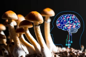 Immagine macrofotografica di funghi Psilocybe cubensis che crescono su un substrato naturale, accanto a una rappresentazione grafica stilizzata del cervello umano con percorsi neurali illuminati, lente macro 105mm, illuminazione da studio controllata, alta definizione, messa a fuoco precisa sui funghi.