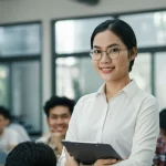 Ritratto di una giovane insegnante asiatica (vietnamita) in un'aula moderna, sorride con sicurezza mentre interagisce con gli studenti (fuori fuoco sullo sfondo), luce naturale brillante, profondità di campo, obiettivo 50mm, stile ottimista e professionale.
