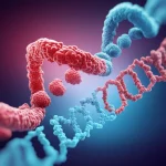 Concetto astratto fotorealistico che rappresenta la dualità della mutazione H3.3K27M: una parte simboleggia l'inibizione di PRC2 (magari con un effetto 'bloccante' stilizzato), l'altra parte mostra un'alterazione diretta della struttura della cromatina (DNA che si srotola o cambia conformazione). Uso di colori contrastanti come blu freddo e rosso caldo in duotone, obiettivo 35mm, profondità di campo ridotta per creare focus selettivo su elementi chiave.