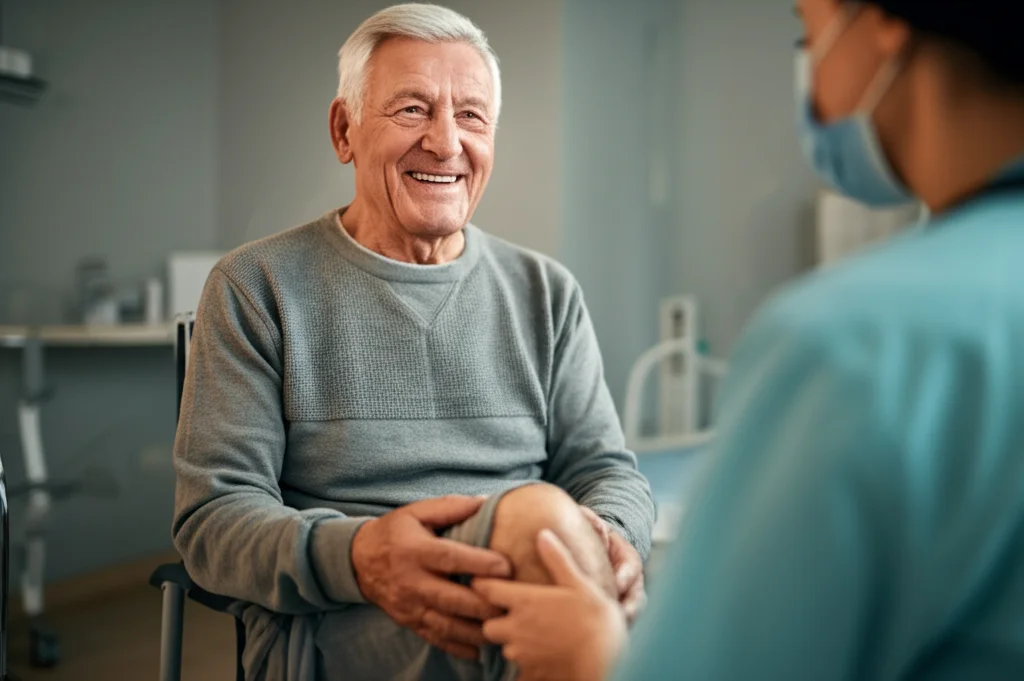 Fotografia di ritratto, primo piano di un paziente anziano sorridente che guarda con speranza il proprio ginocchio dopo un intervento, luce naturale morbida, obiettivo 50mm, profondità di campo ridotta per sfocare lo sfondo.