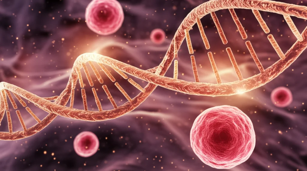 Immagine concettuale astratta che mostra filamenti di DNA stilizzati intrecciati con particelle color rame luminose, su uno sfondo che rappresenta cellule epatiche sane e tumorali. Wide-angle lens, 10mm, sharp focus, illuminazione suggestiva che enfatizza il legame tra rame, genetica e cancro al fegato.