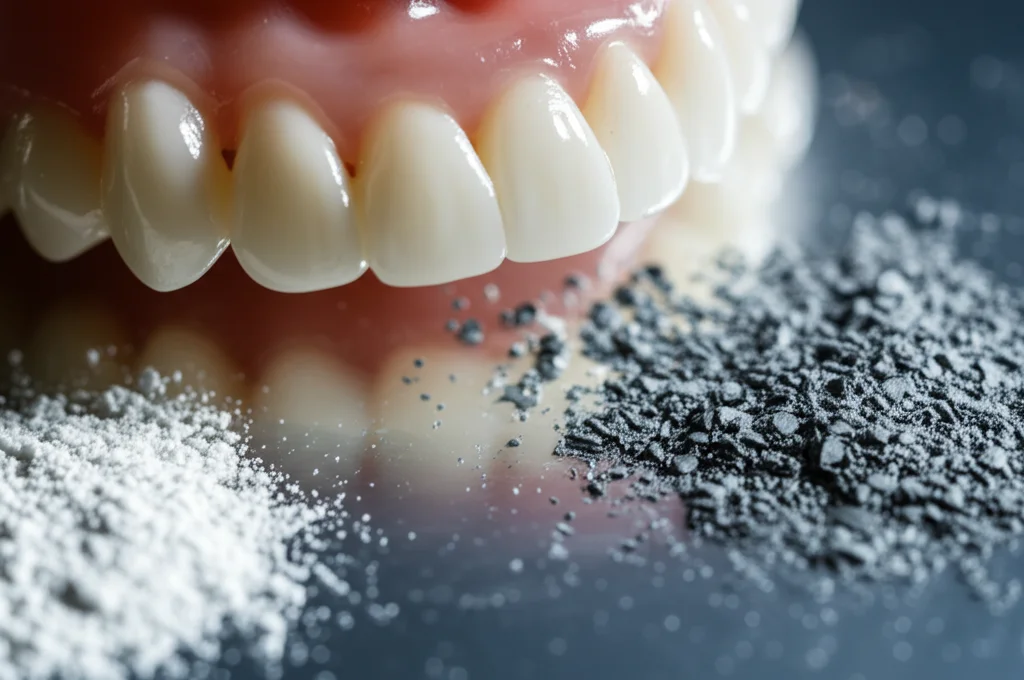 Immagine fotorealistica concettuale che mostra nanomateriali (scaglie scure di nGO e polvere bianca di hBN) che si integrano in una matrice traslucida di PMMA, simboleggiando il rinforzo a livello molecolare, con un accenno a una protesi dentale sullo sfondo, illuminazione da laboratorio high-tech, obiettivo macro 60mm, alta definizione.