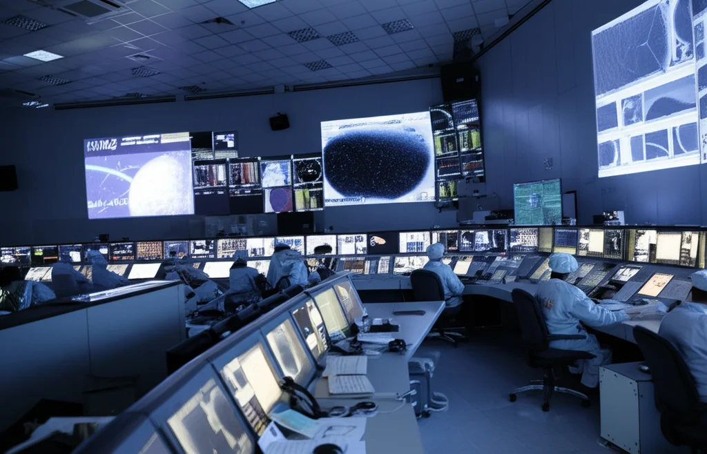 Immagine fotorealistica di una sala controllo missione spaziale moderna, schermi multipli mostrano dati orbitali complessi della Luna e della sonda KPLO (Danuri). Tecnici concentrati al lavoro. Illuminazione controllata, stile cinematografico, obiettivo 35mm per un'ampia vista della sala, profondità di campo che sfoca leggermente lo sfondo.