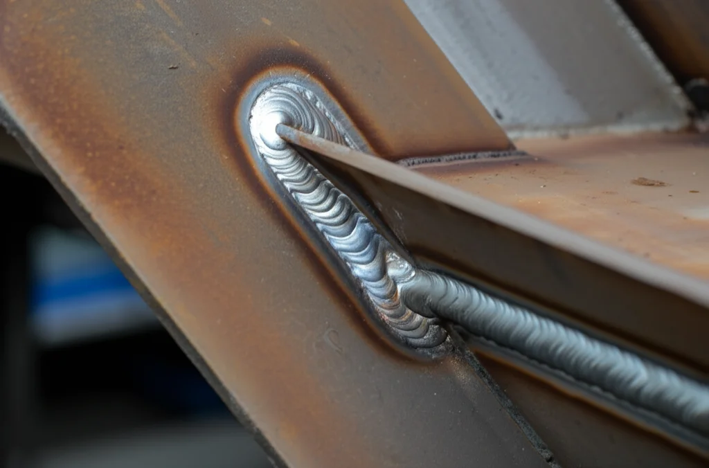 Immagine fotorealistica, obiettivo prime 35mm, di una saldatura d'angolo pulita e robusta che unisce due spesse piastre di acciaio ad alta resistenza, forse parte di una grande struttura industriale, focus sulla qualità della saldatura e sulla resistenza del materiale, illuminazione industriale controllata, profondità di campo.