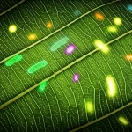 Immagine macro di una foglia verde intenso di Combretum erythrophyllum, lente macro 105mm, alta definizione. Sovrapposta alla foglia, una visualizzazione stilizzata e luminosa di diverse colonie batteriche endofitiche (puntini luminosi di vari colori) che sembrano emergere dalla struttura interna della foglia. Illuminazione laterale drammatica che enfatizza le venature fogliari e crea profondità, mettendo in risalto la simbiosi tra pianta e microbi.