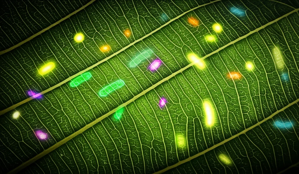 Immagine macro di una foglia verde intenso di Combretum erythrophyllum, lente macro 105mm, alta definizione. Sovrapposta alla foglia, una visualizzazione stilizzata e luminosa di diverse colonie batteriche endofitiche (puntini luminosi di vari colori) che sembrano emergere dalla struttura interna della foglia. Illuminazione laterale drammatica che enfatizza le venature fogliari e crea profondità, mettendo in risalto la simbiosi tra pianta e microbi.