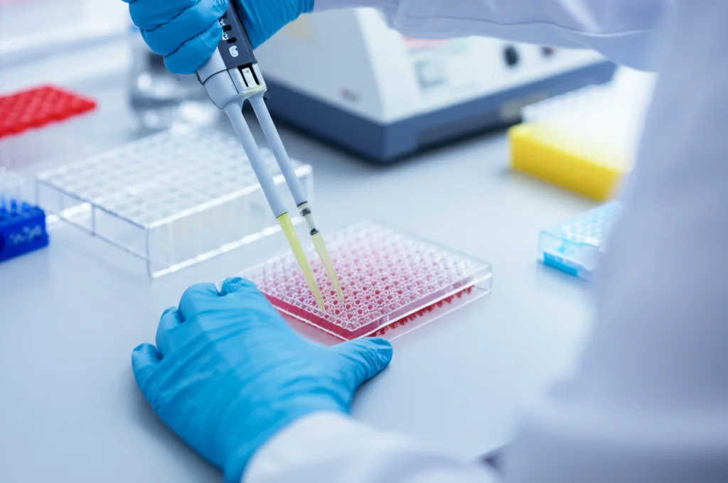 Primo piano di una mano guantata di un ricercatore che tiene una pipetta multicanale sopra una piastra ELISA a 96 pozzetti in un laboratorio scientifico, focus selettivo sulle punte della pipetta che dispensano liquido nei pozzetti, sfondo leggermente sfocato con attrezzatura da laboratorio moderna, illuminazione da laboratorio chiara e definita, lente prime 50mm, profondità di campo controllata.