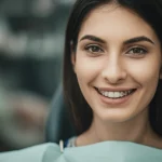 Ritratto di una donna sorridente dopo un trattamento ortodontico complesso, luce naturale morbida, sfondo leggermente sfocato per enfatizzare il viso felice. Obiettivo da ritratto 85mm, profondità di campo ridotta.