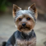 Ritratto fotografico di un adorabile Yorkshire Terrier seduto, che guarda verso la camera con un'espressione curiosa. Focus sui denti anteriori, leggermente visibili, per alludere al tema della salute orale. Obiettivo prime 50mm, profondità di campo ridotta per sfocare lo sfondo e mantenere il cane come soggetto principale, luce morbida e naturale.