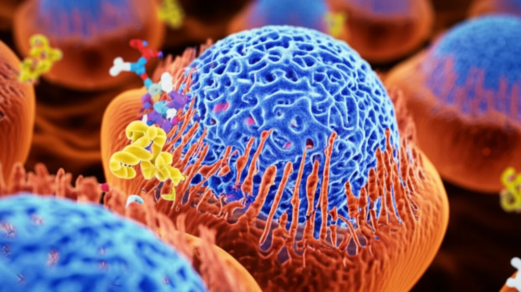 Visualizzazione 3D fotorealistica di una cellula tumorale pancreatica. In primo piano, il reticolo endoplasmatico (struttura reticolare bluastra) viene parzialmente avvolto da membrane autofagiche (giallo/rosse) a formare autofagosomi, processo noto come ER-fagia. Sullo sfondo, molecole stilizzate di inibitori HDAC e Gemcitabina interagiscono con la cellula. Obiettivo macro 85mm, alta definizione, illuminazione interna suggestiva che evidenzia i dettagli subcellulari, focus preciso sull'interazione tra ER e autofagosomi.