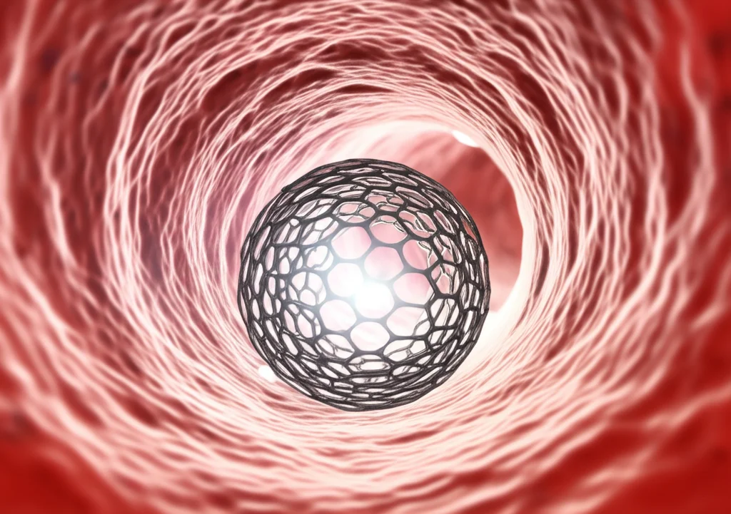 Visualizzazione concettuale 3D di uno stent vascolare biodegradabile in lega di magnesio con rivestimento MgFe LDH, inserito all'interno di un'arteria traslucida. La luce interna evidenzia la struttura a rete dello stent e la sua interazione delicata con la parete del vaso. Obiettivo prime 35mm, profondità di campo ridotta per focalizzare sullo stent, atmosfera medica high-tech.