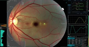 Immagine dettagliata di una scansione OCT della retina che mostra segni di retinopatia diabetica, sovrapposta a un'interfaccia grafica di intelligenza artificiale che evidenzia le anomalie. Macro lens, 100mm, high detail, precise focusing, controlled lighting, visualizzazione dati medici.