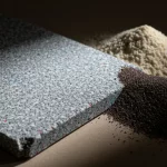 Immagine fotorealistica di un pannello protettivo realizzato in composito di HDPE riciclato e granito, con una texture leggermente granulosa, posizionato accanto a scaglie di plastica riciclata e polvere di granito. Illuminazione drammatica laterale, obiettivo prime 35mm, profondità di campo ridotta per mettere a fuoco il pannello, concetto di sostenibilità e protezione.