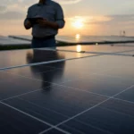 Primo piano di pannelli solari scintillanti al tramonto, con un tecnico che ispeziona i dati su un tablet in background, prime lens 35mm, depth of field, luce calda e dorata, per rappresentare l'intersezione tra tecnologia fotovoltaica e gestione intelligente dei dati.