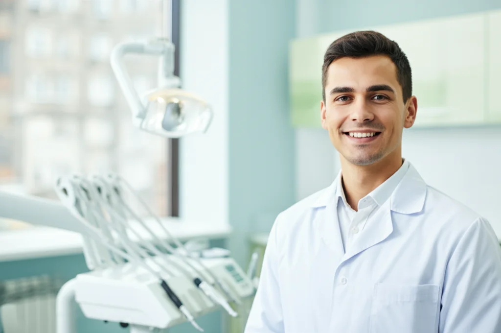 Ritratto di un giovane studente di odontoiatria sorridente in camice bianco, in un moderno studio dentistico universitario luminoso. Obiettivo prime 35mm, profondità di campo per sfocare leggermente lo sfondo, luce naturale che entra da una finestra.