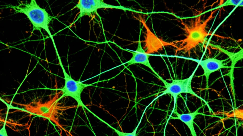 Immagine macrofotografica ad alta definizione di neuroni corticali in coltura, 100mm macro lens, illuminazione controllata e precisa. Alcuni neuroni mostrano segni evidenti di degenerazione assonale con frammentazione (in rosso/arancione), mentre altri appaiono più integri (in verde/blu), illustrando l'effetto patologico di un'infezione virale neurotropica prima dell'intervento terapeutico.