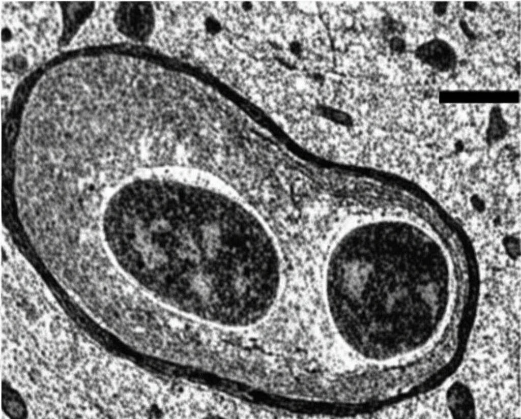 Micrografia elettronica a trasmissione ad altissimo dettaglio di un mitocondrio all'interno di un assone neuronale di topo. L'immagine mostra chiaramente la perdita delle creste interne e un aspetto gonfio, simbolo della disfunzione mitocondriale indotta da SARM1 durante un'infezione da JEV. Messa a fuoco precisa, alto contrasto.