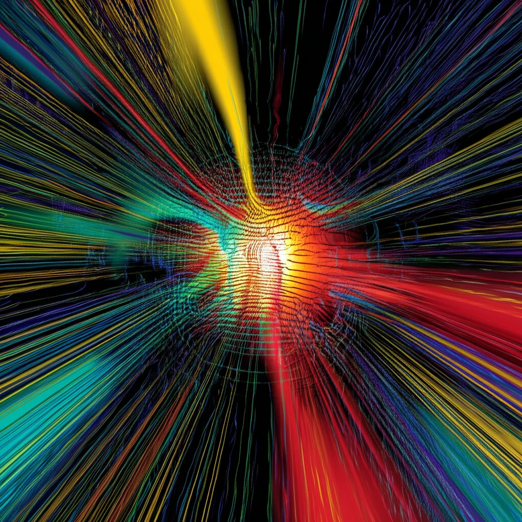 Simulazione fotorealistica di linee di flusso fluide attorno a un punto caldo sferico in movimento in 3D. Le linee, colorate per indicare la velocità, mostrano un pattern dipolare complesso, rappresentante il flusso istantaneo di ordine αβ. Obiettivo prime 35mm, profondità di campo, visualizzazione scientifica resa fotorealistica.