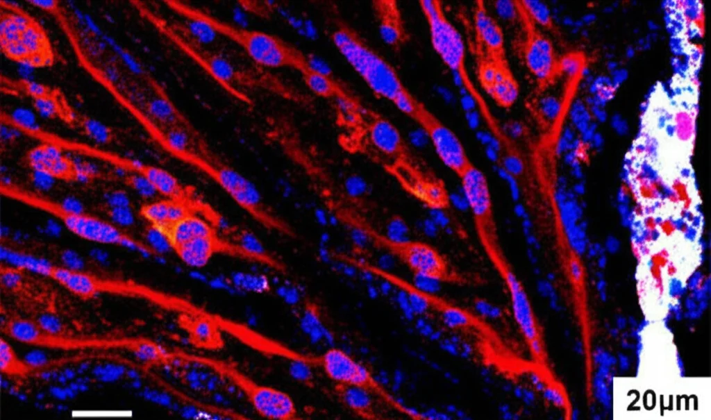 Microfotografia di una sezione di corteccia cerebrale di topo, obiettivo 20x, che mostra l'infiltrazione di leucociti CD45+ (visualizzati con immunofluorescenza in rosso brillante) attorno ai vasi sanguigni e nel parenchima in un modello di encefalite virale (gruppo controllo). Contrasto elevato, sfondo scuro, stile scientifico.