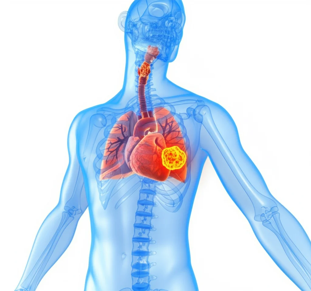 Visualizzazione 3D del torace umano che mostra il timo e un tumore timico adiacente al cuore e ai polmoni, rendering medico fotorealistico, alta definizione, illuminazione focalizzata sul tumore.