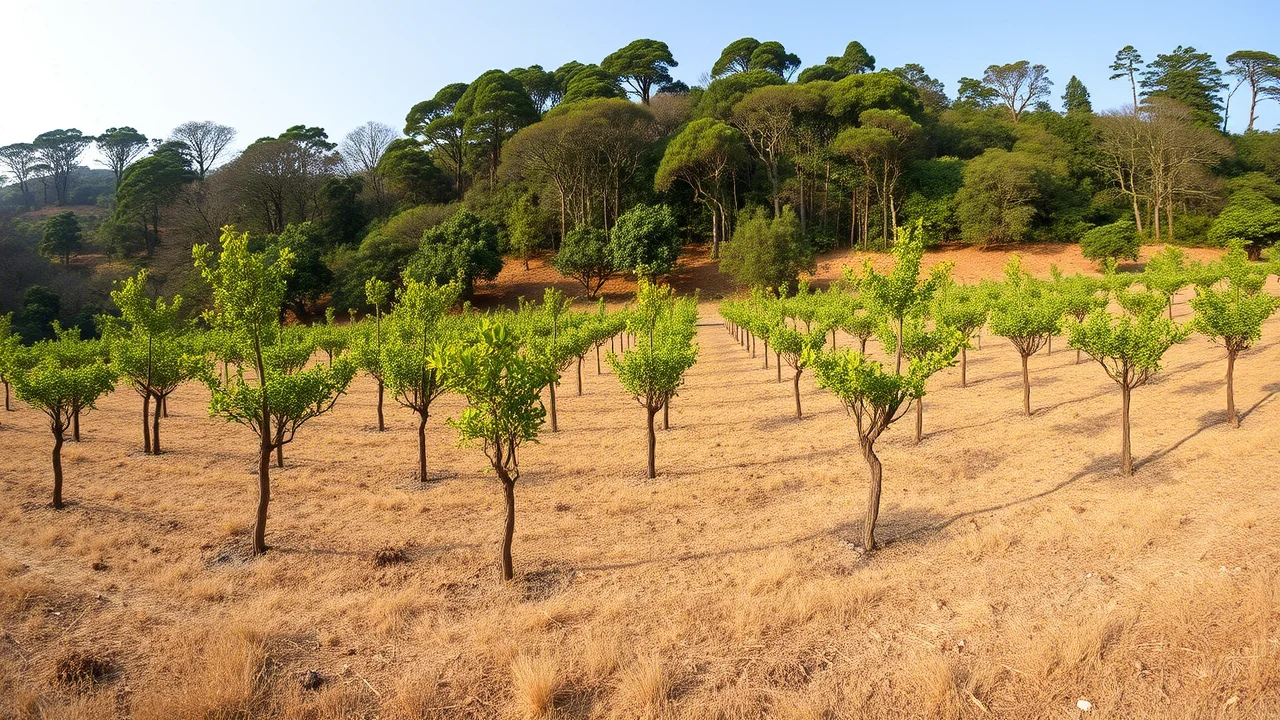 Fotografia del paesaggio grandangolare, lente da 20 mm, focus acuto, che mostrano file di giovani alberi in guardie sugli alberi su una collina degradata e erbosa a Hong Kong durante la stagione secca. Alcuni alberi sono più alti di altri. La luce suggerisce nel tardo pomeriggio.