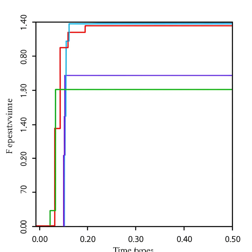 Grafico astratto che mostra curve di sopravvivenza di Kaplan-Meier, linee colorate su sfondo bianco, stile infografica scientifica, alta leggibilità.