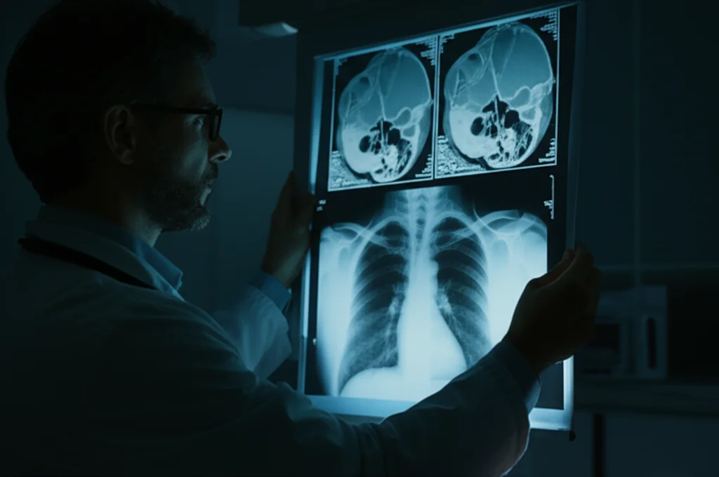 Primo piano di un medico che esamina una TAC toracica su uno schermo luminoso in una stanza buia, focus sui dettagli dell'immagine radiologica, obiettivo 50mm, luce ambientale controllata.