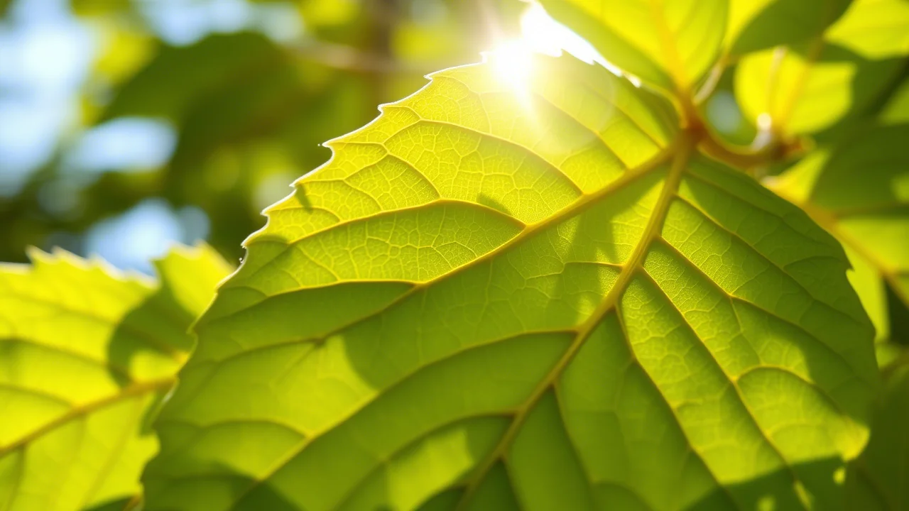 Foglie verdi brillanti di un albero di Morus mongolica illuminate dal sole, obiettivo macro 85mm, alta definizione, messa a fuoco precisa sulle nervature, luce naturale controllata.