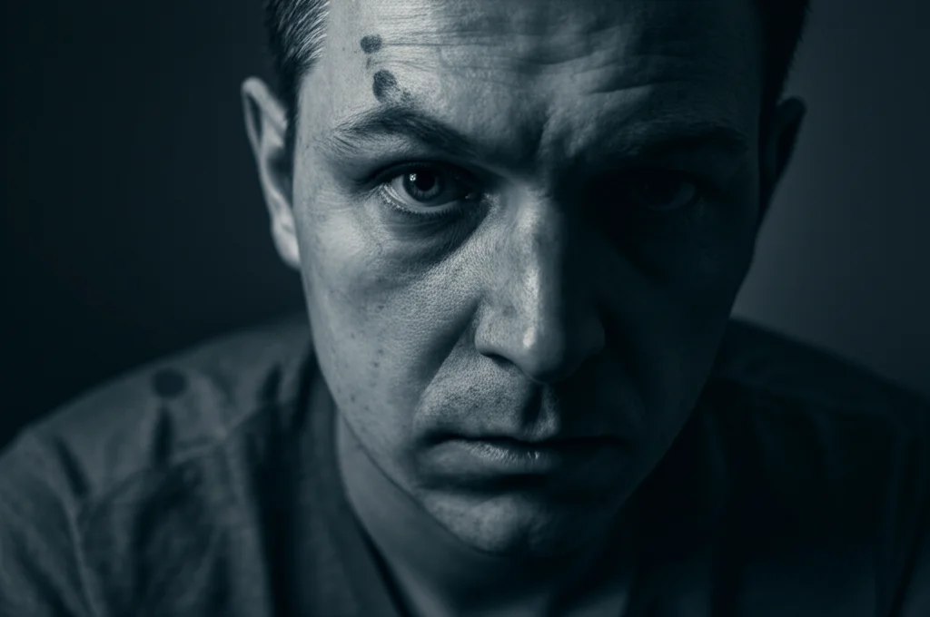 Ritratto fotografico di una persona dall'espressione pensierosa e leggermente affaticata, simboleggiante la lotta contro la depressione. Obiettivo 35mm, toni bicromatici blu e grigio, profondità di campo ridotta per isolare il soggetto.