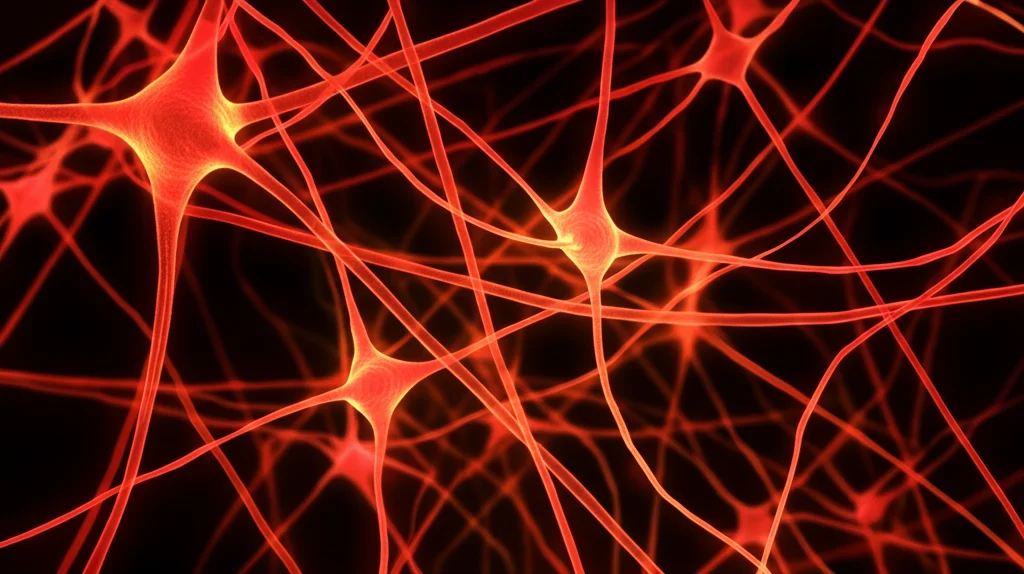 Immagine macro di neuroni o una rete neurale stilizzata, illuminazione controllata per evidenziare i dettagli intricati. Obiettivo macro 100mm, alta definizione, focus preciso sulle connessioni, simboleggiando le basi neurologiche della depressione e dei segni motori.