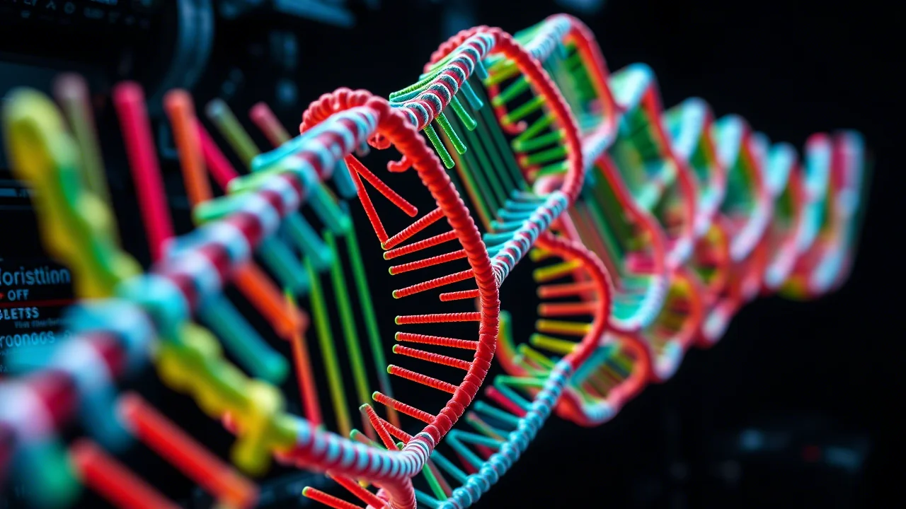 Visualizzazione 3D astratta di cromosomi colorati che si allineano, rappresentando l'assemblaggio del genoma T2T, sfondo scuro high-tech, illuminazione da studio, alta definizione.