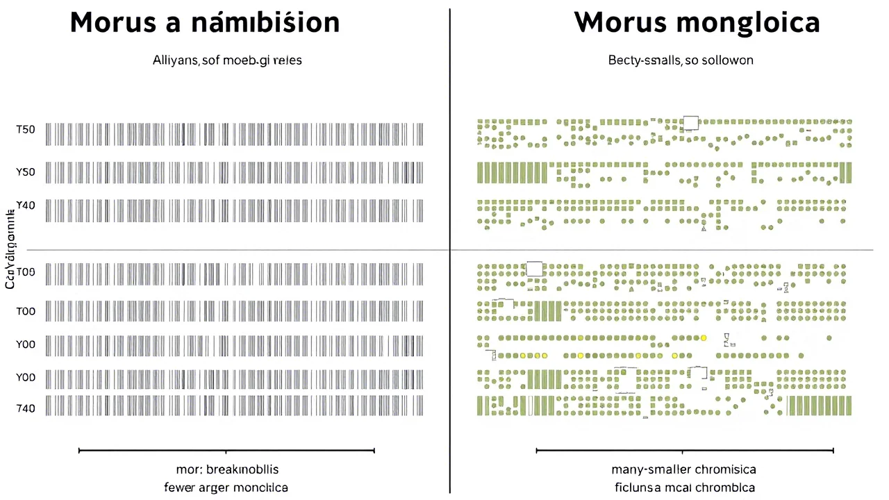 Grafico comparativo che mostra l'allineamento dei cromosomi tra Morus notabilis (pochi e grandi) e Morus mongolica (molti e più piccoli), evidenziando i punti di rottura e fusione, stile infografica scientifica, chiara e dettagliata.