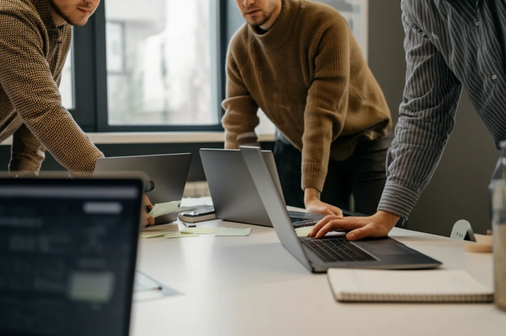 Gruppo eterogeneo di studenti universitari in un'aula luminosa e moderna, collaborano attorno a un tavolo utilizzando laptop che mostrano interfacce di AI come grafici e testo generato. Atmosfera concentrata ma dinamica. Obiettivo 35mm, profondità di campo media, luce naturale dalle finestre.