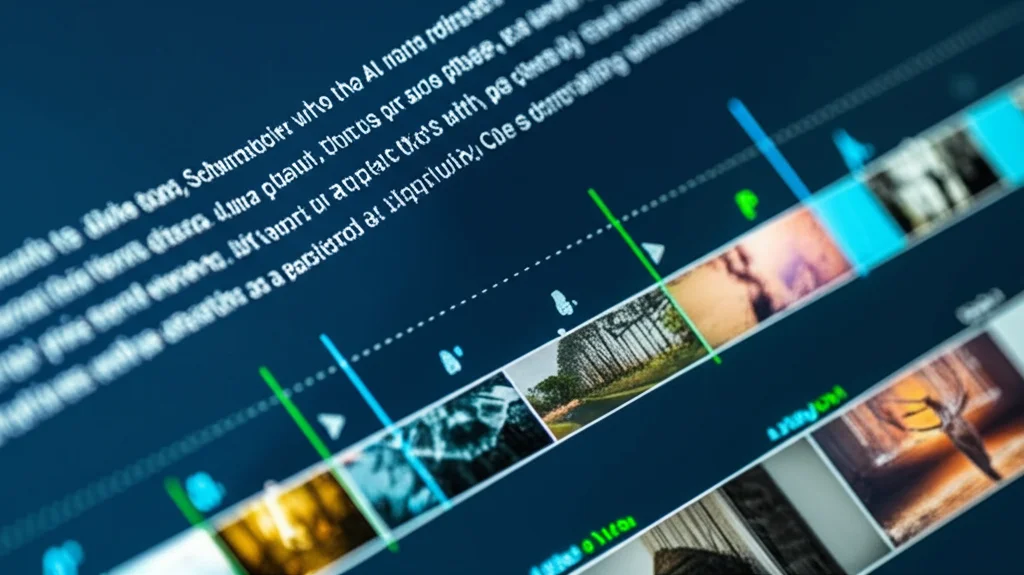 Schermata di un computer che mostra un collage di output di AI Generativa: un paragrafo di testo da ChatGPT, una serie di immagini evocative create da Midjourney, e una timeline di animazione da Runway. Simboleggia la fusione di diverse AI nel processo creativo. Macro lens 60mm, high detail, controlled lighting.