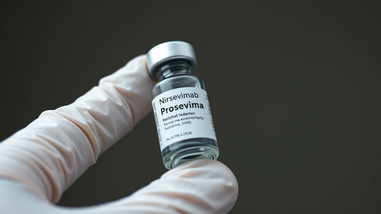 Immagine macro di un flaconcino di Nirsevimab tenuto delicatamente tra le dita guantate di un operatore sanitario. Obiettivo macro 90mm, alta definizione, illuminazione da studio controllata e morbida, sfondo leggermente sfocato per enfatizzare il flacone come simbolo di protezione mirata.