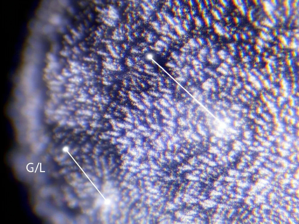 Macro fotografia, obiettivo 90mm, di una struttura cristallina astratta che rappresenta il sottogruppo L (come un reticolo luminoso) all'interno di una forma più grande e fluida (P). Due punti luminosi nello spazio quoziente G/L sono evidenziati da fasci di luce sottili. Illuminazione controllata laterale per enfatizzare la tridimensionalità, alta definizione dei dettagli cristallini.