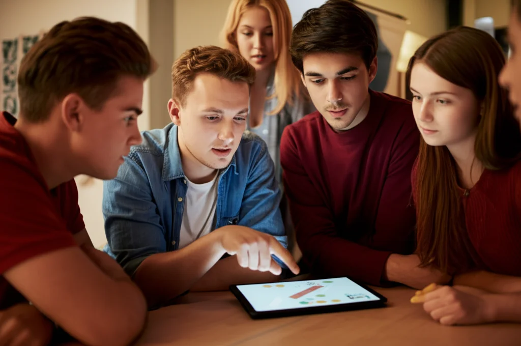 Un team di studenti universitari che discutono animatamente attorno a un prototipo di storia digitale visualizzato su un tablet, uno studente indica lo schermo mentre gli altri ascoltano attenti. Espressioni di coinvolgimento e brainstorming. Obiettivo prime 50mm, luce ambientale calda, focus selettivo sul gruppo.