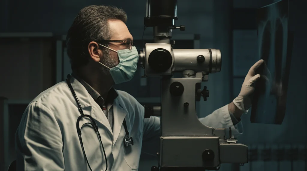 Ritratto fotografico di un medico con mascherina che esamina attentamente una radiografia polmonare su un diafanoscopio in una stanza d'ospedale scarsamente illuminata, stile film noir, obiettivo 35mm, profondità di campo ridotta per focalizzare l'attenzione sul medico e sulla lastra.