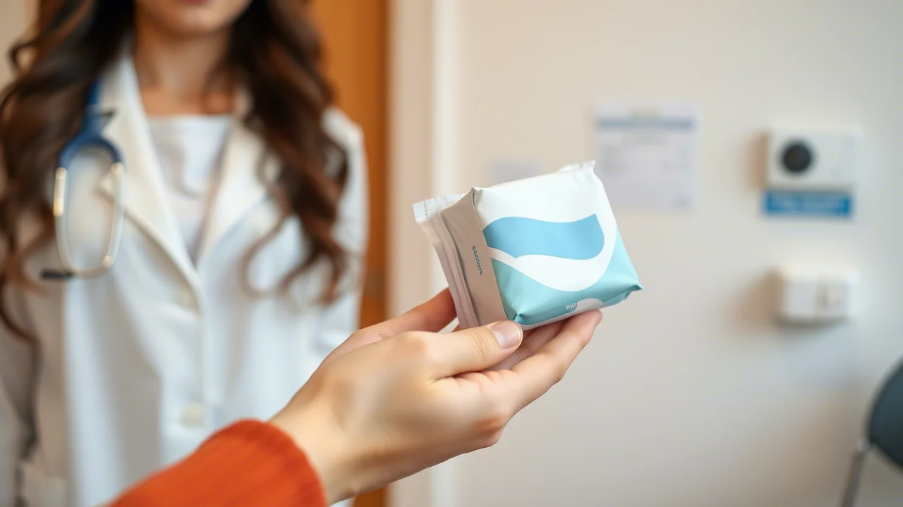 Immagine fotorealistica di una mano che offre delicatamente un pacchetto di assorbenti igienici a un'altra mano femminile, in un contesto semplice e pulito che suggerisce un centro di accoglienza o una clinica. Simbolo di supporto per l'igiene mestruale. Obiettivo macro 60mm, messa a fuoco precisa sui dettagli delle mani e del prodotto, illuminazione controllata e morbida.