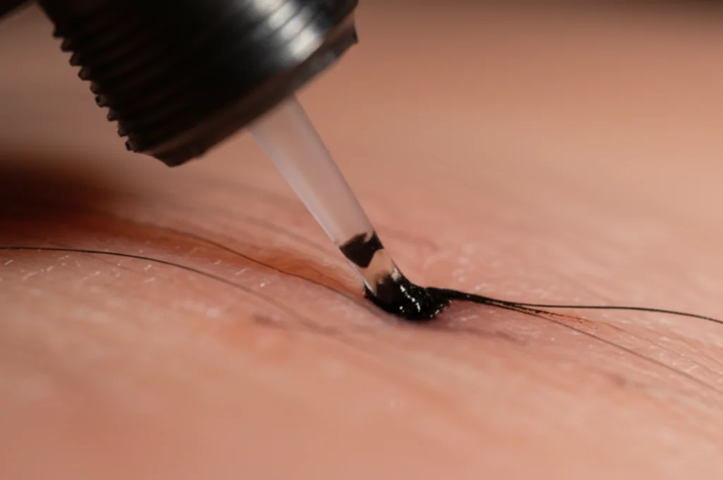 Primo piano macro, obiettivo macro 100mm, ago da tatuaggio che applica inchiostro nero sulla pelle, alta definizione, messa a fuoco precisa, illuminazione controllata, che mostra la texture della pelle e la dispersione dell'inchiostro.