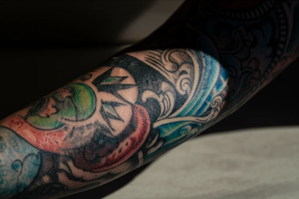 Fotografia di ritratto, braccio di una persona con un tatuaggio a manica colorato e dettagliato, parzialmente in ombra dalla luce solare intensa, obiettivo da 85mm, alta definizione, messa a fuoco precisa, che mostra l'interazione tra luce e inchiostro sulla texture della pelle.