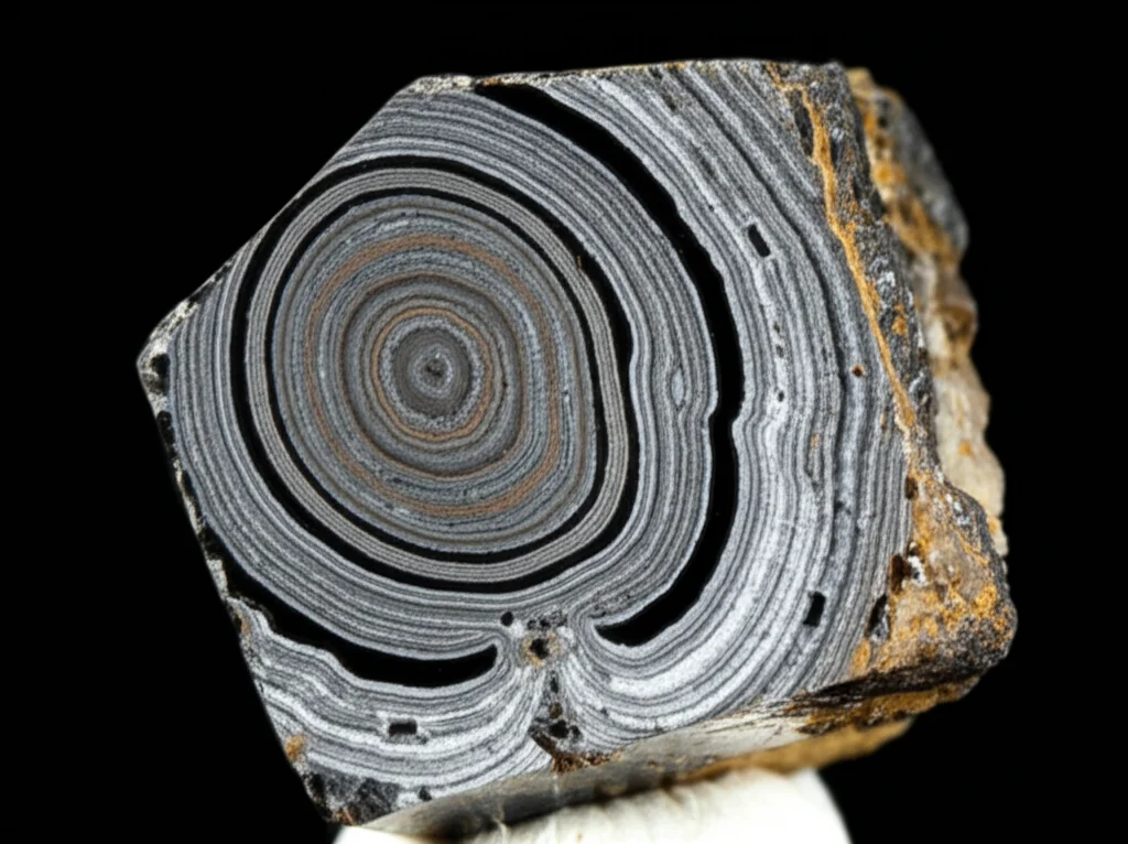 Immagine macro fotorealistica di un cristallo di zircone ingrandito, mostrante un nucleo centrale con zonatura oscillante (igneo) circondato da un bordo esterno con zonatura a chiazze (metamorfico). Obiettivo macro 100mm, alta definizione, illuminazione laterale controllata per evidenziare le diverse tessiture.
