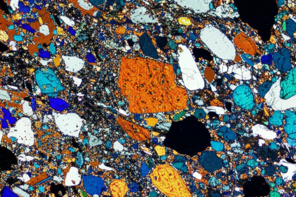 Microfotografia simulata a luce polarizzata incrociata di una sezione sottile di meta-granitoide. Si vedono cristalli colorati di feldspato e quarzo, con aggregati scuri di minerali opachi (magnetite/ilmenite) e granato rosso-bruno. Piccoli zirconi brillanti sono visibili sparsi nella matrice. Dettaglio elevato, colori vividi.