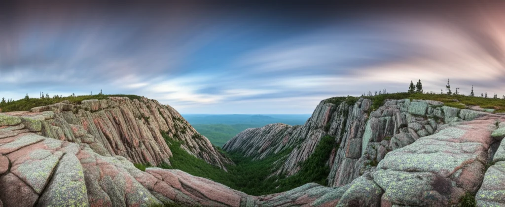 Fotografia paesaggistica grandangolare (12mm) di una catena montuosa antica e profondamente erosa, simile alle radici della Provincia di Grenville. Strati rocciosi piegati e complessi sono visibili. Esposizione lunga per nuvole mosse, messa a fuoco nitida su tutta la scena, luce del tardo pomeriggio.