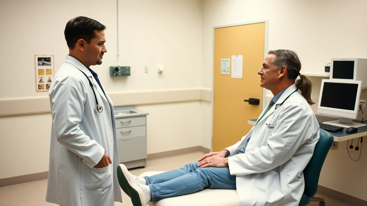Studenti di medicina in camice bianco partecipano a un esame OSCE. Uno studente interagisce con un paziente standardizzato seduto su un lettino in una sala visite simulata, mentre un esaminatore osserva. Obiettivo prime 35mm, profondità di campo media per includere contesto, illuminazione clinica realistica.