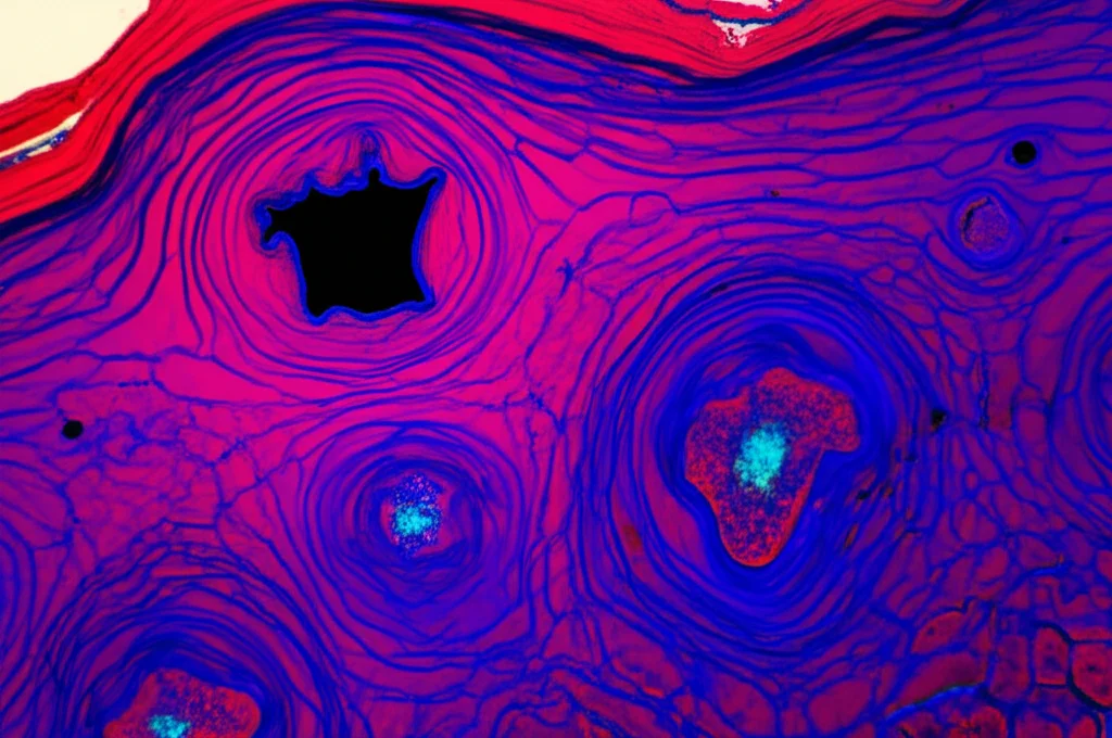 Macro fotografia di strati di pelle in sezione trasversale illuminati da un fascio laser focalizzato, dettaglio elevato delle strutture cellulari, illuminazione controllata da laboratorio, obiettivo macro 100mm.