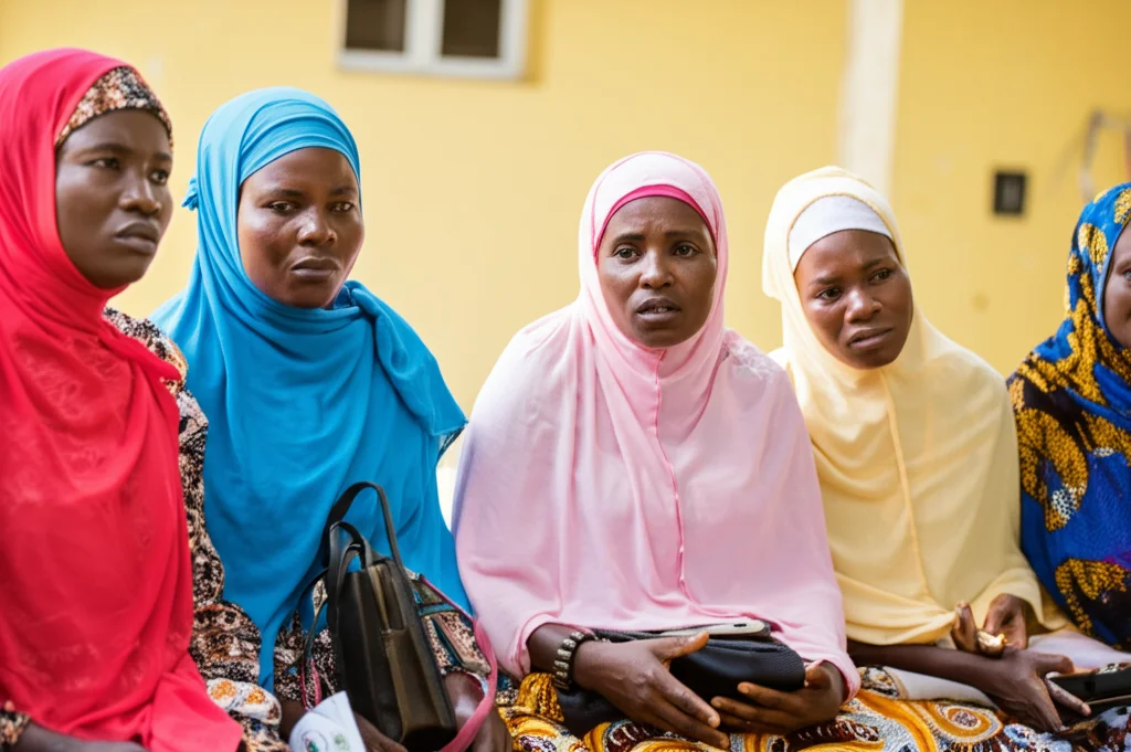 Fotografia di ritratto di un gruppo di donne nigeriane del nord sedute insieme in un contesto comunitario, impegnate in una conversazione seria ma collaborativa. Luce naturale, focus sulle espressioni che mostrano preoccupazione e discussione. Obiettivo prime, 50mm, profondità di campo per sfocare leggermente lo sfondo e mantenere l'attenzione sulle donne.